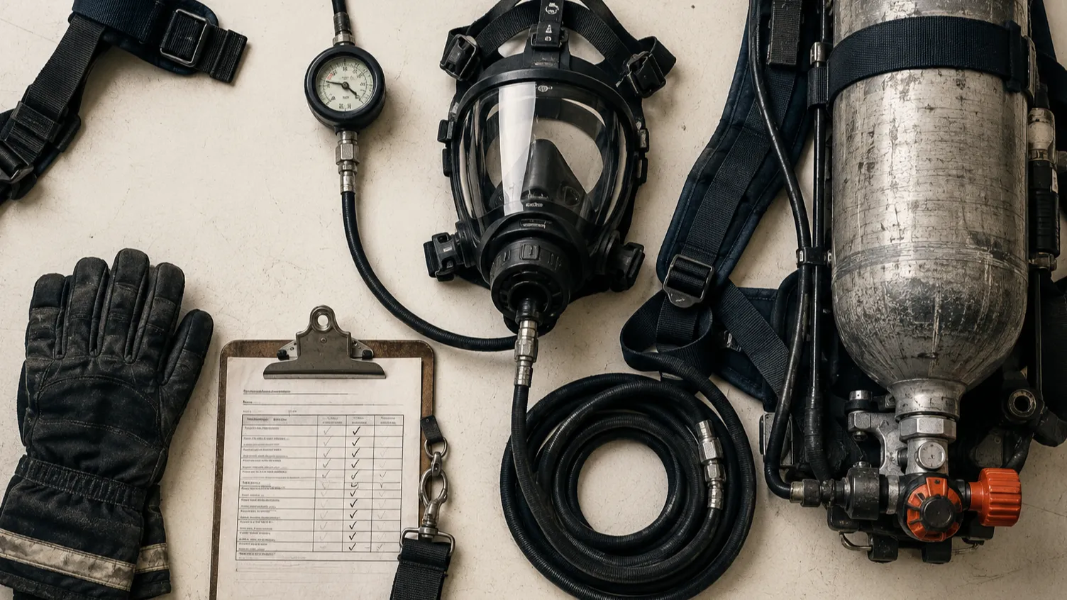 An overhead flat-lay of well-kept self-contained breathing apparatus laid out with intent — mask and regulator, a pressure gauge reading full, coiled hose, folded gloves, a readiness checklist — a single burnt-orange marking on the cylinder valve. The discipline of preparation, not the drama of fire.