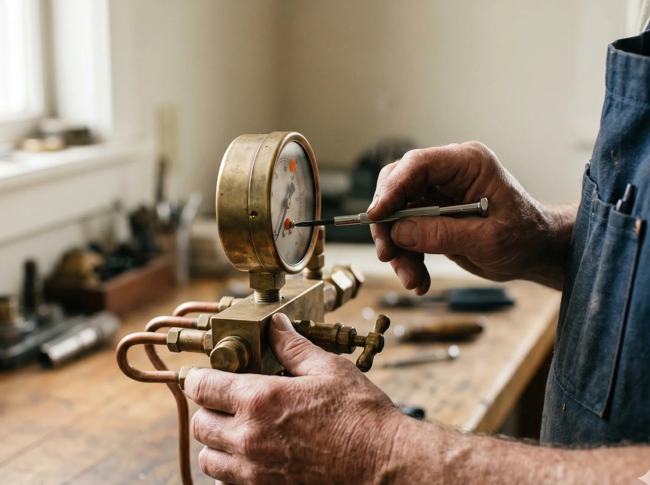 The experienced, weathered hands of a master craftsperson precisely tuning a fine brass valve they clearly built — attentive, unhurried, tending something made to last. A single burnt-orange mark sits on the live element being kept in tune.